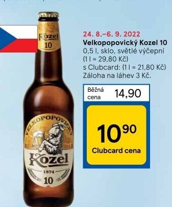 Pivo světlé výčepní 10°Velkopopovický Kozel