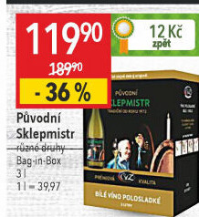 Víno Původní Sklepmistr ČVZ - bag in box