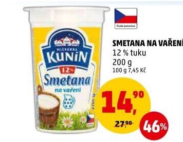 Smetana na vaření Kunín 12%