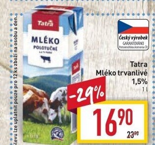 Mléko trvanlivé Tatra - 1,5% polotučné