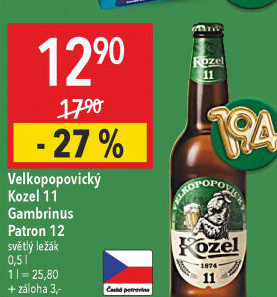 Pivo světlý ležák 11° Medium Velkopopovický Kozel