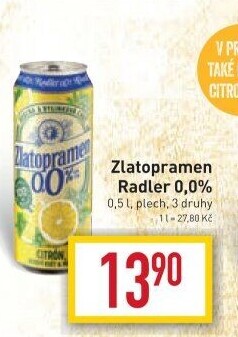 Nealkoholické pivo ochucené Radler Zlatopramen