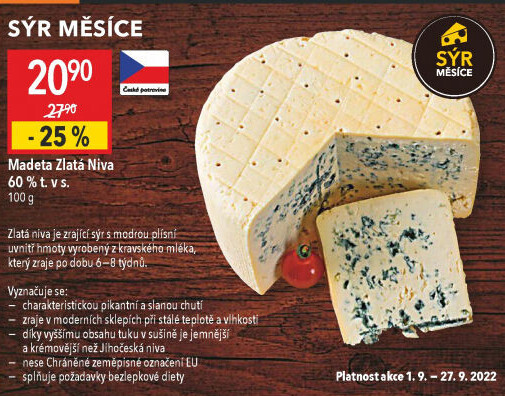 Sýr Niva zlatá Jihočeská 60% Madeta