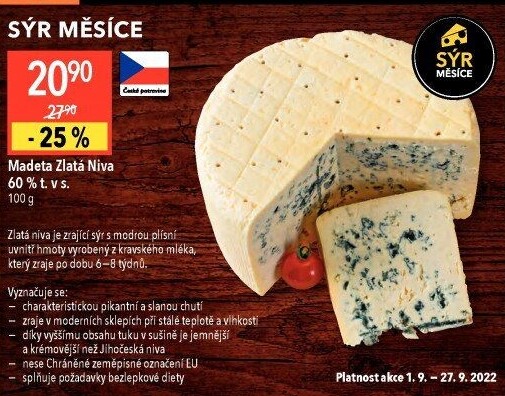 Sýr Niva zlatá Jihočeská 60% Madeta