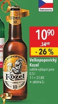 Pivo světlé výčepní 10°Velkopopovický Kozel