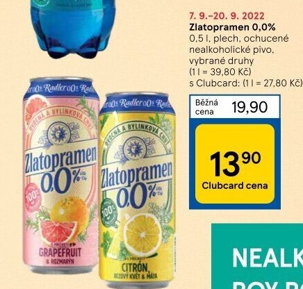 Nealkoholické pivo ochucené Radler Zlatopramen