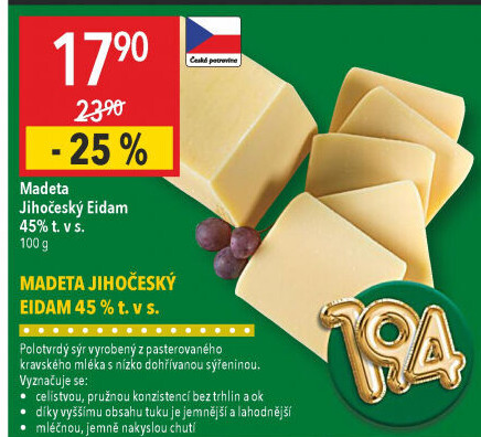 Sýr Eidam Jihočeský 45% Madeta