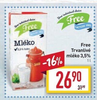 Mléko trvanlivé bez laktózy Billa Laktose Free -3,5% plnotučné