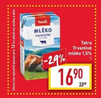 Mléko trvanlivé Tatra - 1,5% polotučné