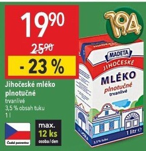 Mléko trvanlivé Jihočeské Madeta - 3,5% plnotučné