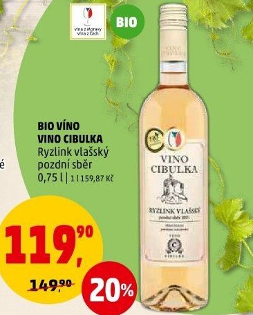 Víno Ryzlink vlašský Bio Víno Cibulka - pozdní sběr