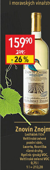 Víno Veltlínské zelené Ledňáček Znovín Znojmo - pozdní sběr