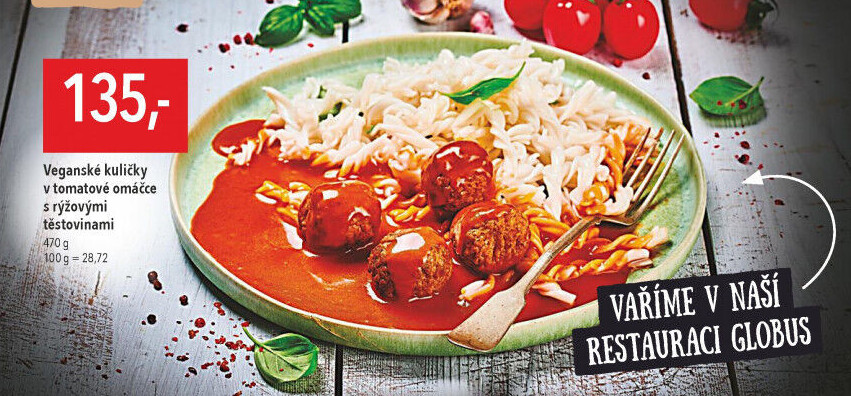 Veganské kuličky v tomatové omáčce s rýžovými těstovinami Globus
