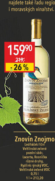 Víno Veltlínské zelené Ledňáček Znovín Znojmo - pozdní sběr