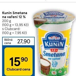 Smetana na vaření Kunín 12%