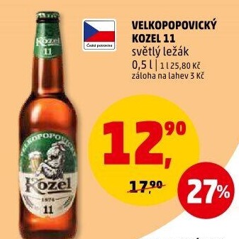 Pivo světlý ležák 11° Medium Velkopopovický Kozel