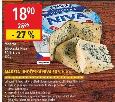 Sýr Niva Jihočeská 50% Madeta
