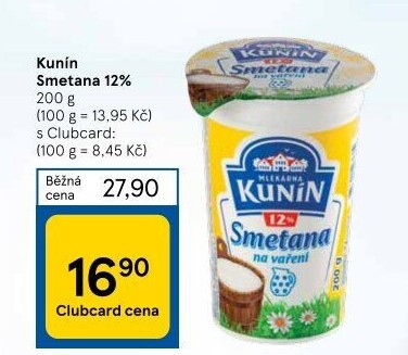 Smetana na vaření Kunín 12%