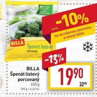 Špenát listový mražený Billa