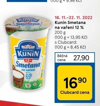 Smetana na vaření Kunín 12%