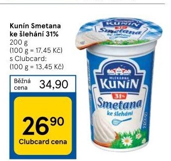Smetana ke šlehání Kunín 31%