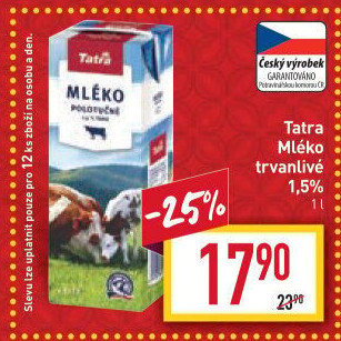 Mléko trvanlivé Tatra - 1,5% polotučné