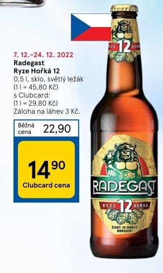 Pivo světlý ležák 12° Ryze hořká Radegast