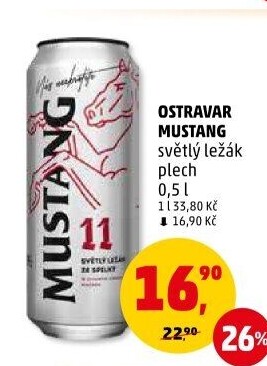 Pivo světlý ležák Mustang 11° Ostravar