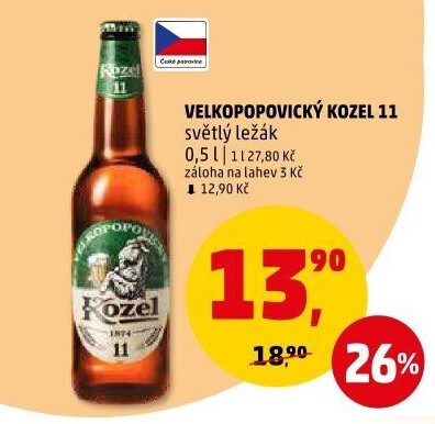 Pivo světlý ležák 11° Medium Velkopopovický Kozel