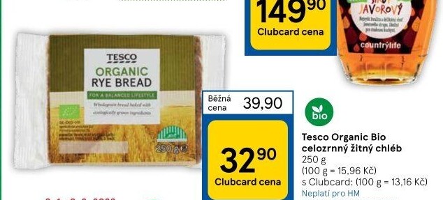 Chléb celozrnný žitný bio Tesco Organic