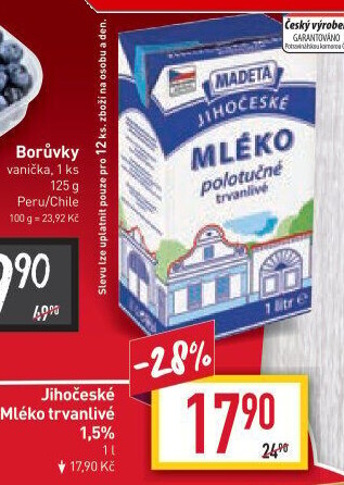 Mléko trvanlivé Jihočeské Madeta - 1,5% polotučné