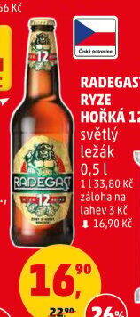 Pivo světlý ležák 12° Ryze hořká Radegast - Penny Market akcniletaky.com