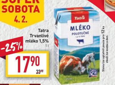 Mléko trvanlivé Tatra - 1,5% polotučné