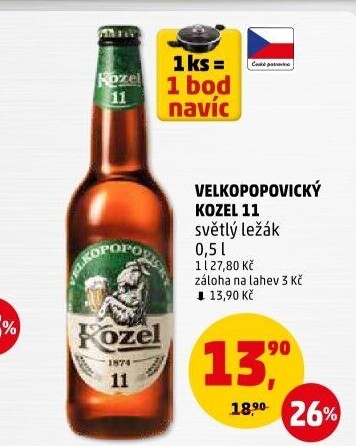 Pivo světlý ležák 11° Medium Velkopopovický Kozel