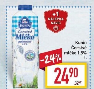 Mléko čerstvé Kunín - 1,5% polotučné