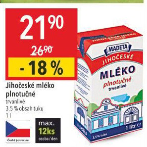 Mléko trvanlivé Jihočeské Madeta - 3,5% plnotučné