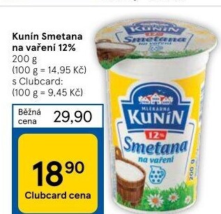 Smetana na vaření Kunín 12%