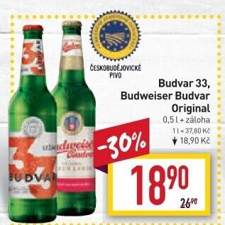 Pivo světlý ležák 33 Budweiser Budvar