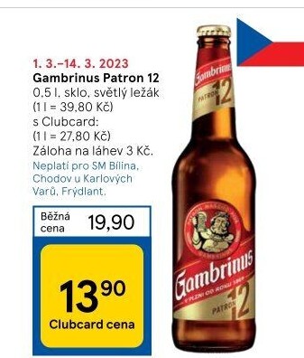 Pivo světlý ležák 12° Patron Gambrinus