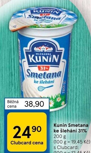 Smetana ke šlehání Kunín 31%