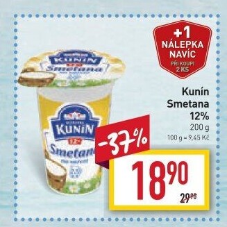 Smetana na vaření Kunín 12%