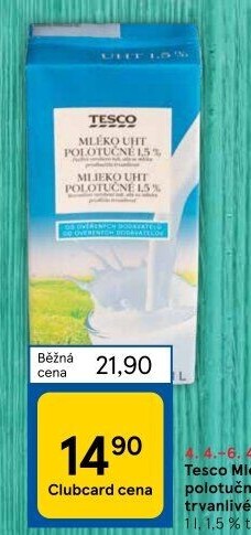 Mléko trvanlivé Tesco - 1,5% polotučné