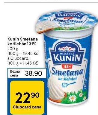 Smetana ke šlehání Kunín 31%