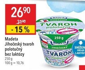 Tvaroh polotučný bez laktózy Jihočeský Madeta