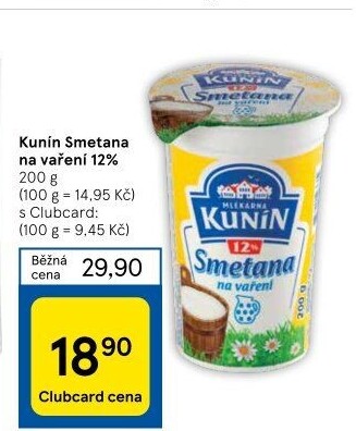 Smetana na vaření Kunín 12%