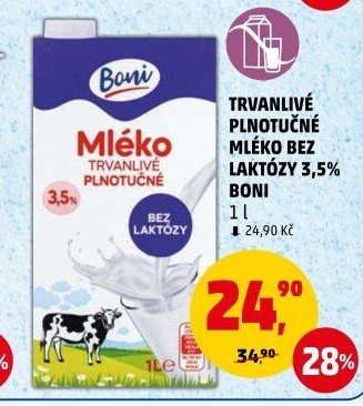 Mléko trvanlivé bez laktózy - 3,5% plnotučné Boni