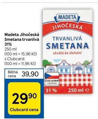 Smetana ke šlehání trvanlivá Jihočeská Madeta 31%