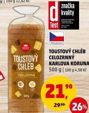 Toustový chléb celozrnný Karlova Koruna