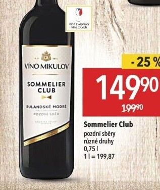 Víno Rulandské modré Sommelier Club Víno Mikulov - pozdní sběr