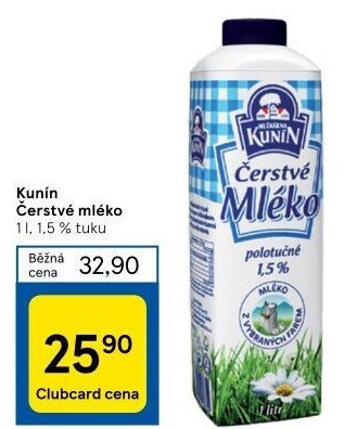 Mléko čerstvé Kunín - 1,5% polotučné